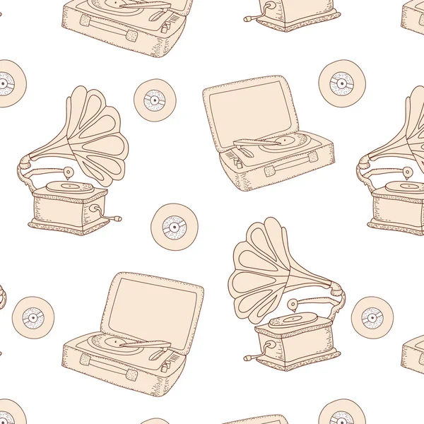 Retro pattern with record-player and gramophone on white background. Hand drawn vector texture. Vintage background — Vector de stock