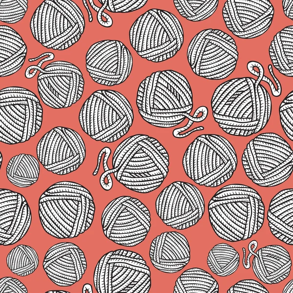 Seamless vector pattern with hand drawn balls of yarn  in vintage style. Texture with orange background — 스톡 벡터