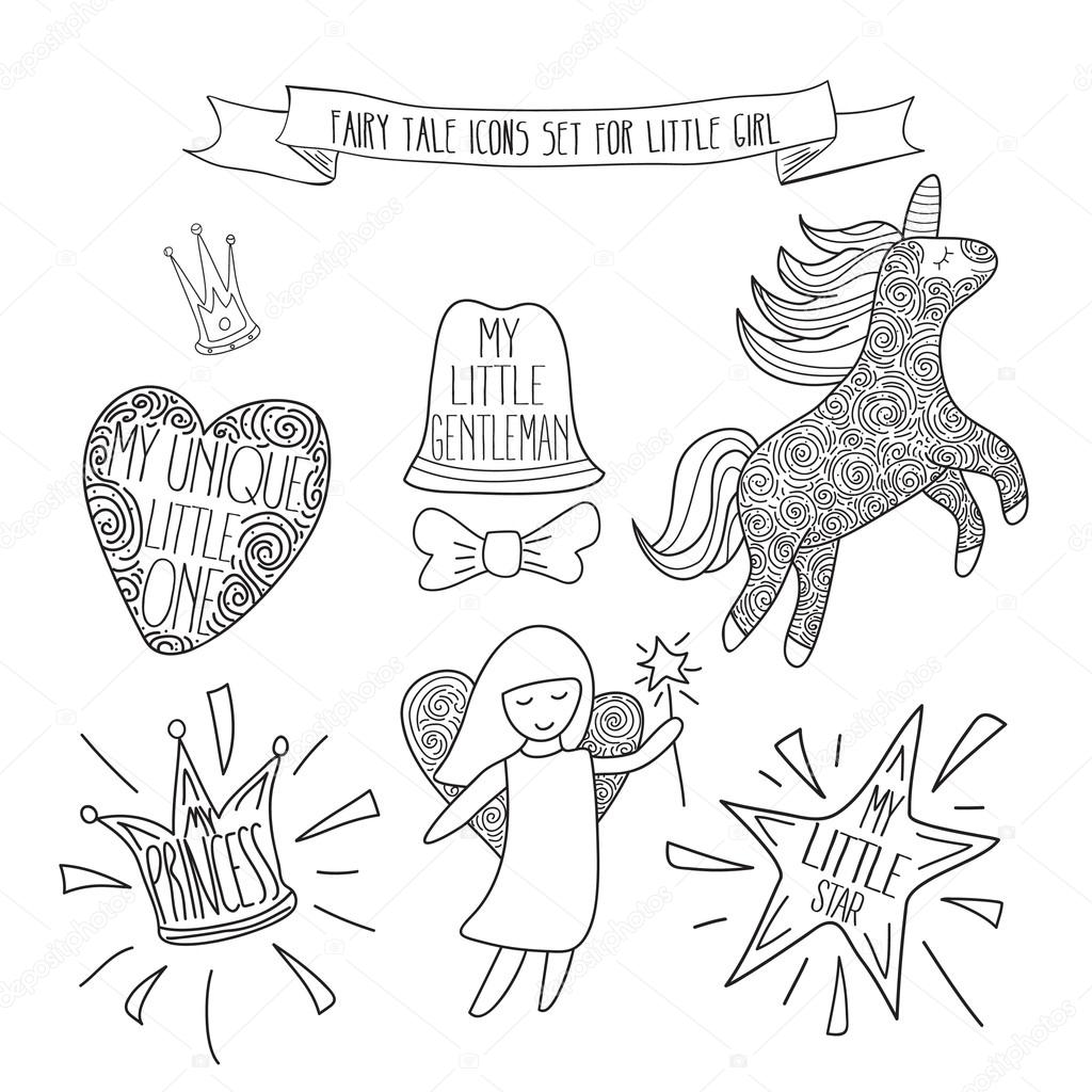 Hand drawn fairy tale icons for little girl. Vector set isolated on white
