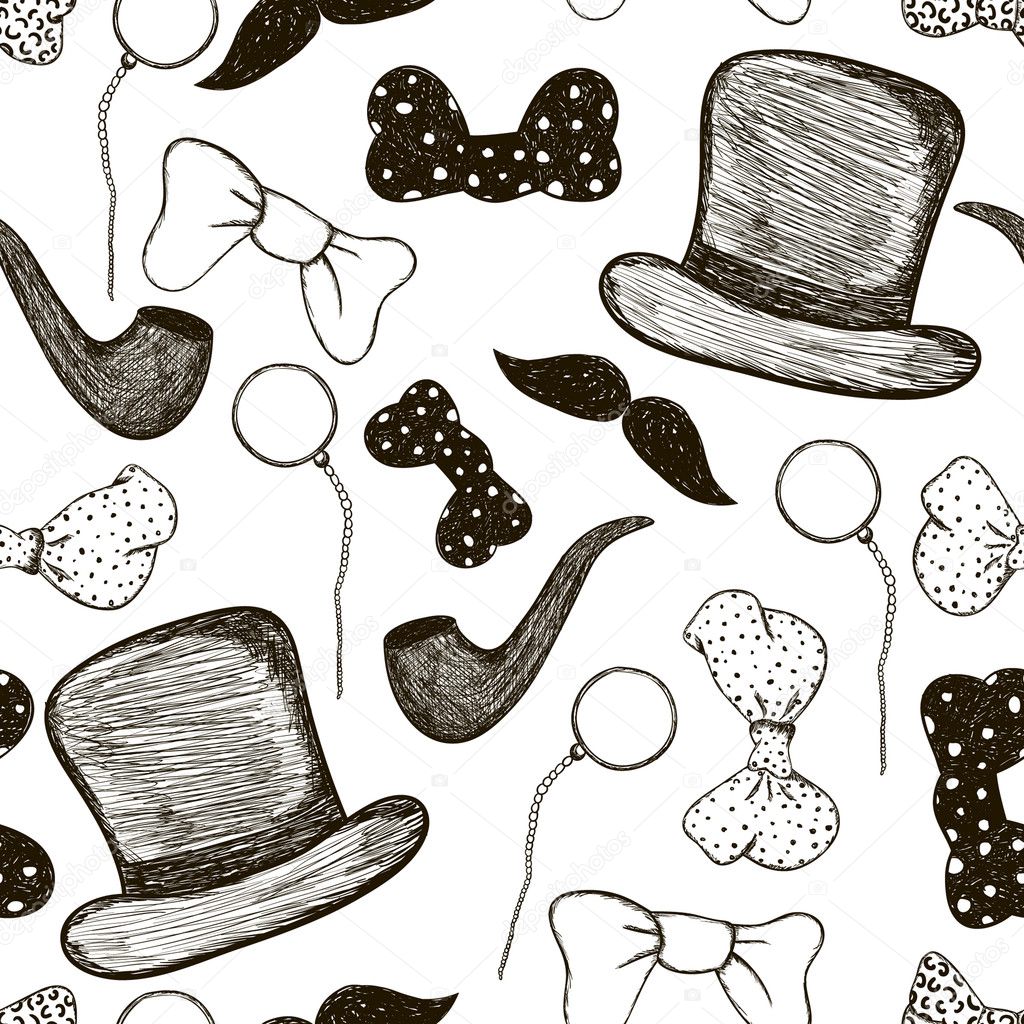 Seamless hand drawn pattern of vintage men accessories. Black ties, pince-nez, smoking pipe, fedoras, mustaches on white background. Retro line drawn texture