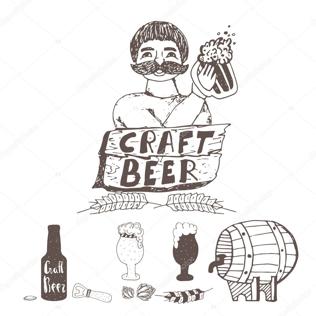 Doodle craft beer elements. Brewer with glass of beer. Vector hand drawn illustration isolated on white
