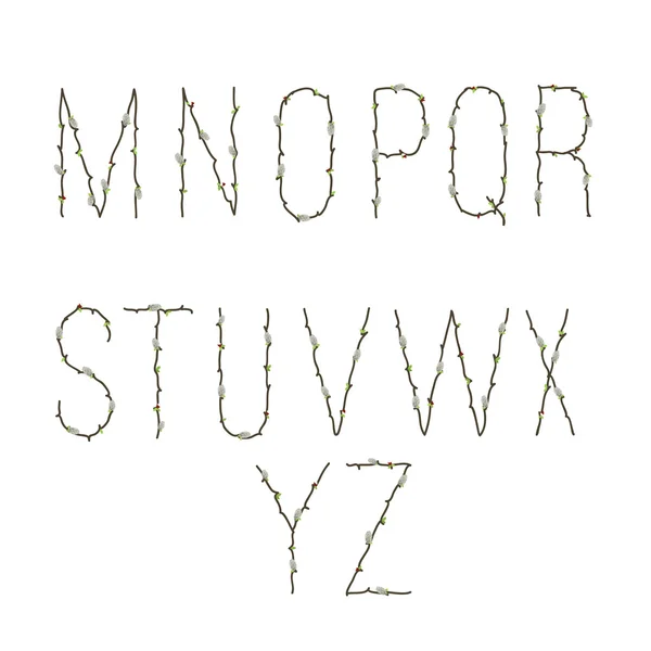 Willow branch. Easter card. Decorative alphabet. — Stock Vector