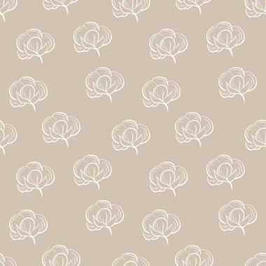 Pamuk ile dikişsiz desen. Bej arka planda beyaz anahat pamuk bolls. Tekstil, sarma, doğal ürünler, vb için hazır tasarım.