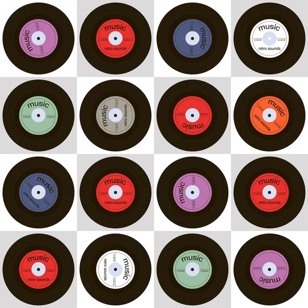 Seamless vector texture with musical plates. Disco retro pattern. Colorful vintage background