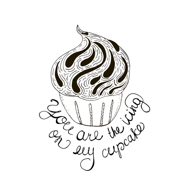 Cartaz de tipografia preto e branco doodle com cupcake. Cartão bonito dos desenhos animados com texto de letras - Você é a cereja no meu cupcake. Ilustração vetorial desenhada à mão . — Vetor de Stock