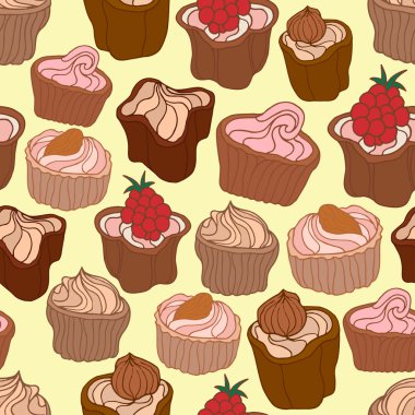 Çikolata şeker farklı türleri ile dikişsiz desen. Elle çizilmiş çikolata dokusu. Şekerleme ürünleri için hazır tasarım