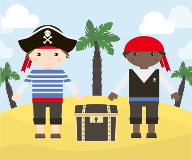 Adada hazine sandığı ile korsanlar iki çizgi film karakterleri. Korsanların vektör illüstrasyonu