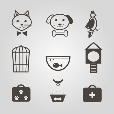 Evcil hayvan simgeleri. Evcil hayvan dükkanı için mono semboller seti. Vektör çizimi