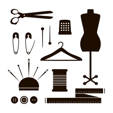 Set of  tailor tools silhouette. Vector sewing items collection isolated on white clipart