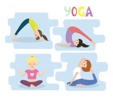 Kadın yoga egzersizleri. Yoga pozları ayarlandı. Vektör illüstrasyonu