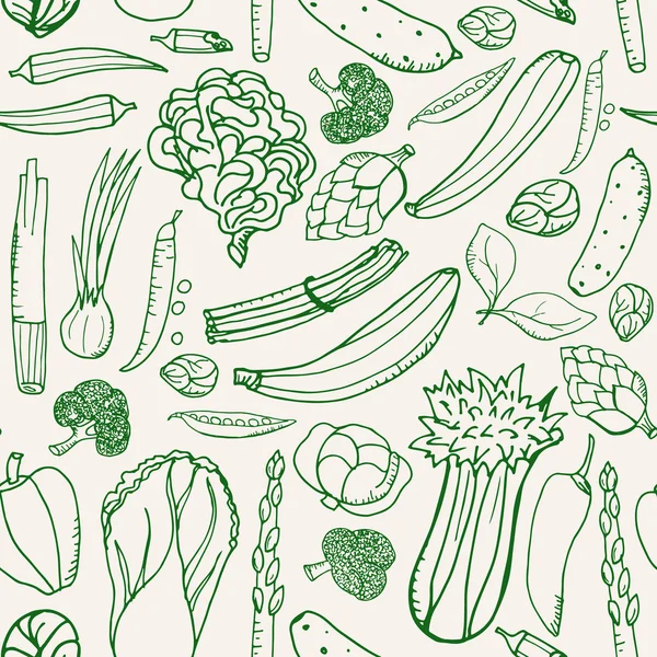 Bej arka planda elle çizilmiş yeşil sebzeler ile dikişsiz desen. Doku yeşil anahat sebzeler. Doodle desen li sebzeler