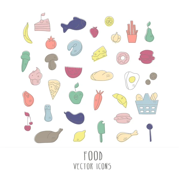 Vetor grande coleção de ícones de comida - fruto, verdura, peixe, carne, doces, etc. Ícones de estilo plano isolados em fundo branco. Ícones vetoriais . —  Vetores de Stock