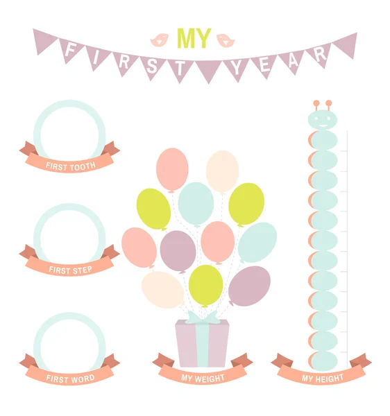 Bebek yetiştirmenin ilk yılı. İlk diş, kelime, adım çıkartmaları. Yükseklik ve ağırlığı kaydetmek için boşluk ile vektör illüstrasyon. Bebek ilk yıl kişisel takvim