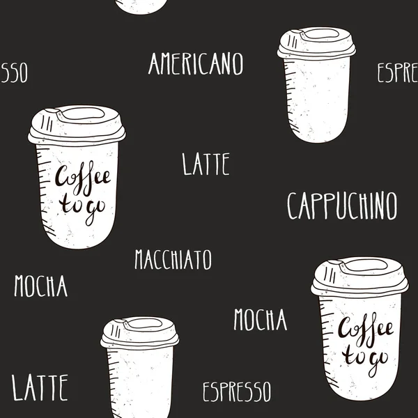 Textura vectorial sin costuras con café para llevar. Fondo dibujado a mano con tipos de café. Textura monocromática — Vector de stock