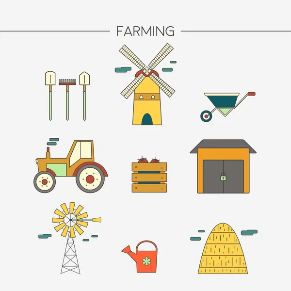 Colheita agrícola e conjunto de ícones decorativos agrícolas. Ilustração vetorial . — Vetor de Stock