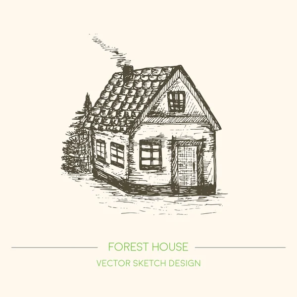 Casa de madera en estilo retro sketch. Vector fondo vintage. Casa vieja dibujada a mano. Dibujo Vector Ilustración — Vector de stock