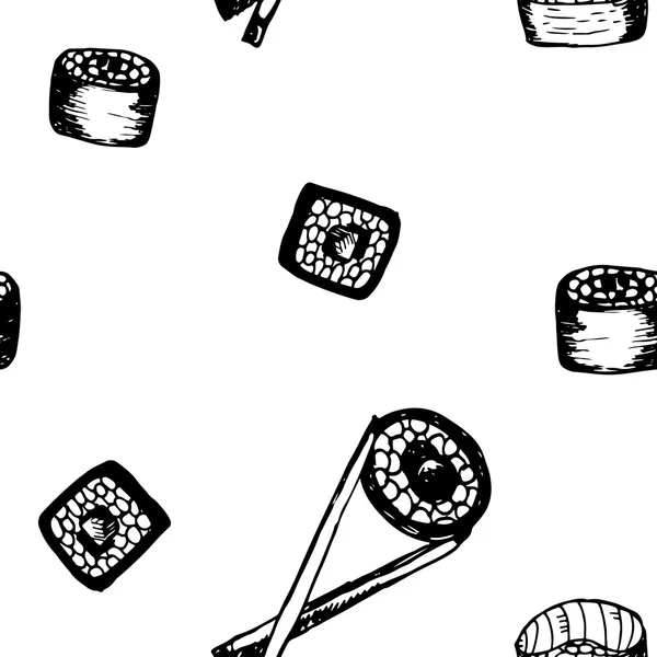 Patrón de sushi sin costura vectorial. Ilustración vectorial dibujada a mano. Comida japonesa . — Vector de stock