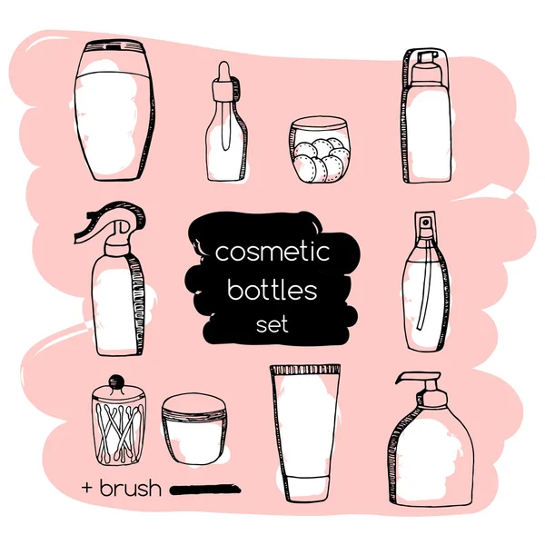 Kosmetikschläuche und -flaschen plus Grunge-Pinselstriche. Doodle kosmetische Verpackung Set — Stockvektor
