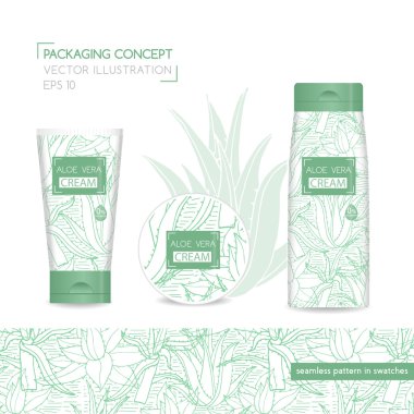 Aloe vera ile ambalaj kavram. Üç gerçekçi kozmetik tüp ve kavanoz hazır tasarımı ile. Dikişsiz desen tasarımında renk örnekleri için. Vektör çizim