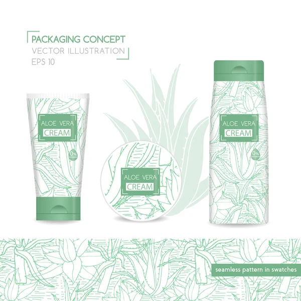 Conceito de embalagem com aloe vera. Três realista tubo cosmético e frasco com design pronto. Padrão sem costura para design em amostras. Ilustração vetorial — Vetor de Stock