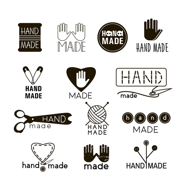 Handmade black and  thin line icons isolated on white. Set of hand made labels, badges and logos for design. Handmade workshop logo set. Vector illustration — Stock Vector