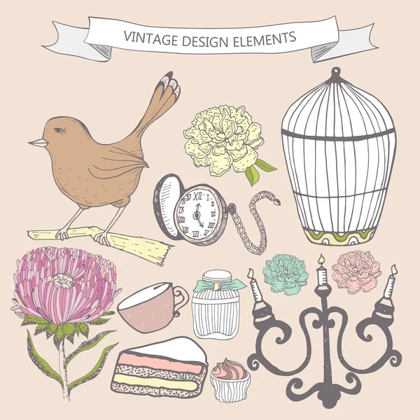 Collection of hand drawn vintage items. Perfume bottle, aster, cake, cage bird, pocket watch, candlestick. Elements can be used separately or for  greeting card, invitation in retro style, etc. Stock Illustration