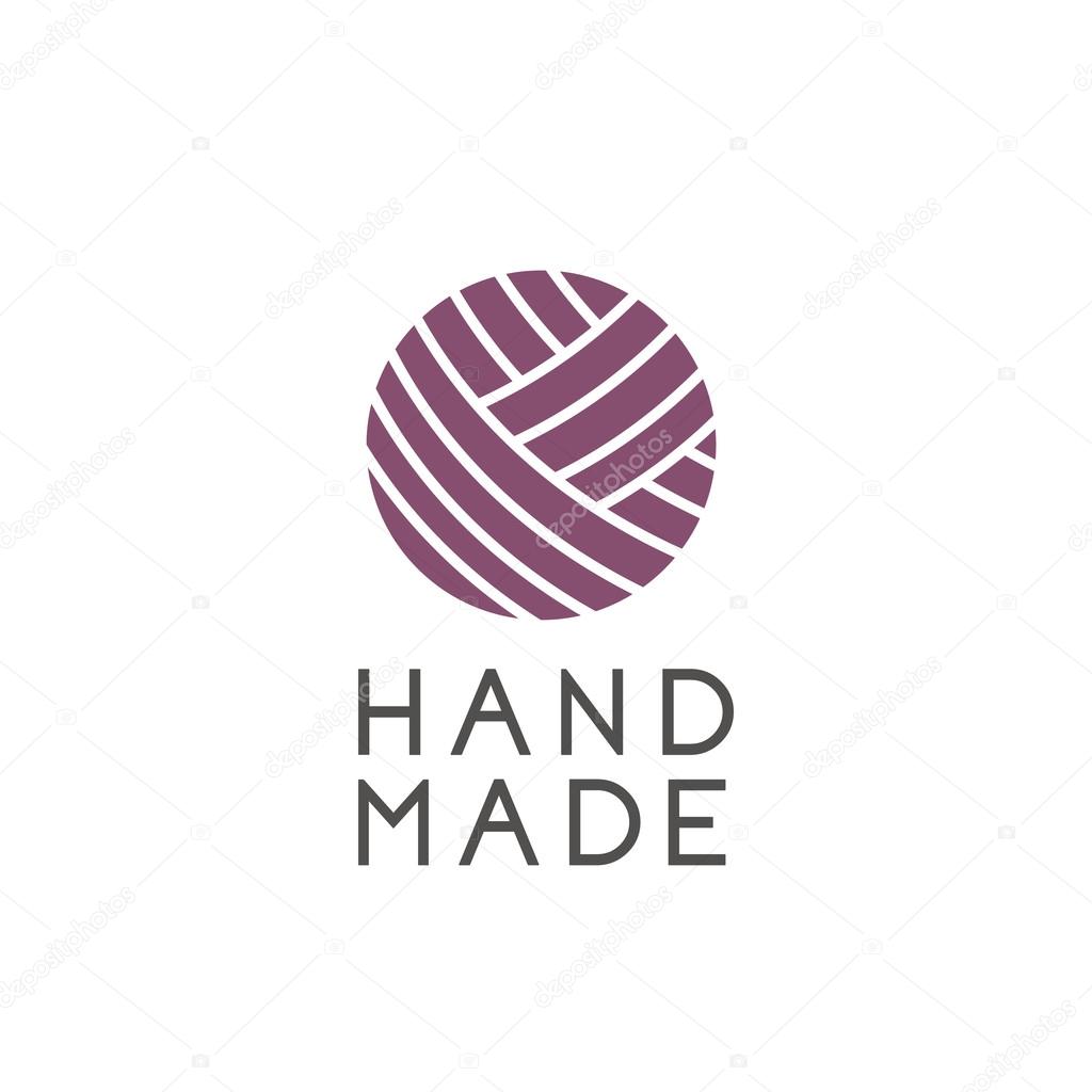Hand made logo. Vector label with ball of yarn for handmade products in trendy line style