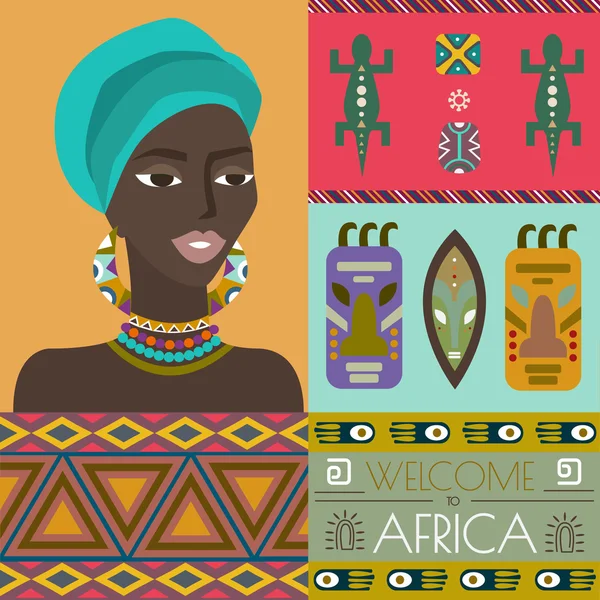 Illustration av Afrika med olika afrikanska symboler. Afrikansk kvinna porträtt. Element kan användas separat eller som ett designkoncept. Vektor Illustration — Stock vektor