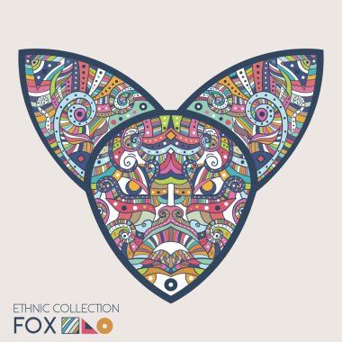 Etnik tilki başkanı renkli. Yüksek tilki başkanı desenli ayrıntılı. Bir şekilde dekore edilmiş Fox kafa. Vektör çizim