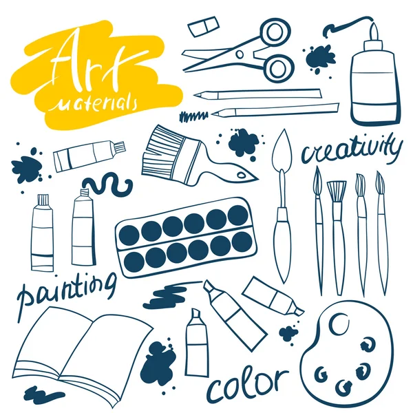 Doodle art materials collection. Hand drawn art icons set. Vector Illustration — Stock Vector