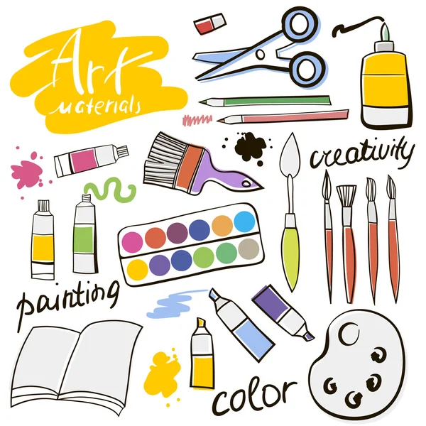 Doodle coleção de materiais de arte coloridos. Conjunto de ícones de arte desenhados à mão. Ilustração vetorial — Vetor de Stock