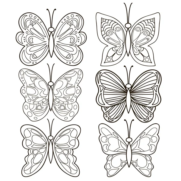 白色背景上的各种蝴蝶，黑色轮廓。矢量图 — 图库矢量图片