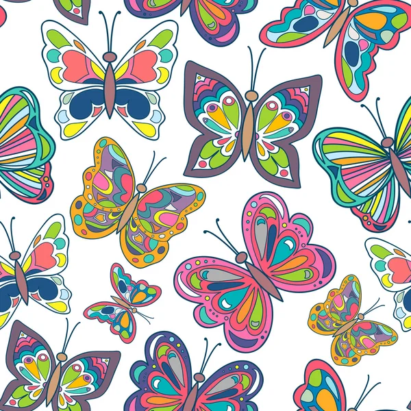 Patrón sin costuras con mariposas brillantes sobre fondo blanco. Ilustración vectorial — Vector de stock