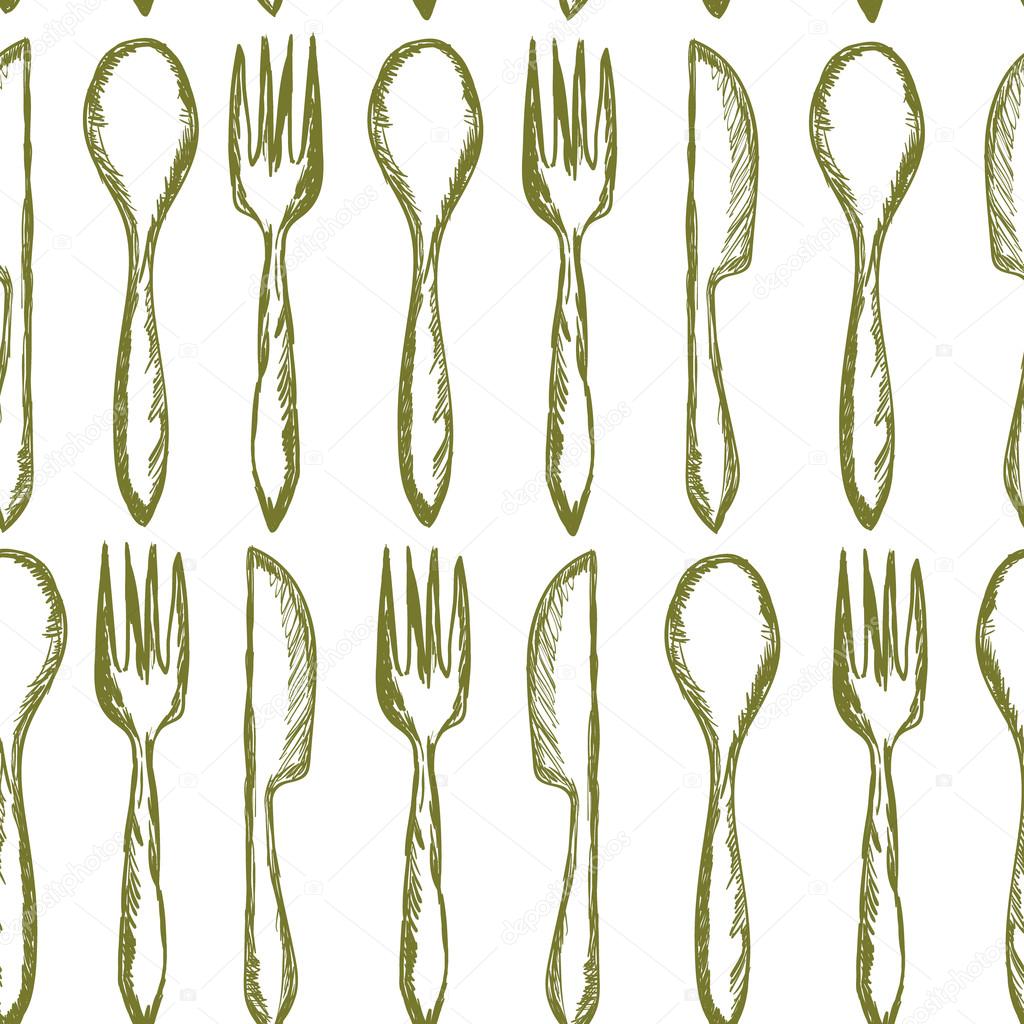 Problemfri tekstur med gaffel, kniv, ske i skitse stil. Håndtegning bestik  mønster. Vektorillustration Stockvektor af ©solodkayamari.gmail.com  112960110, image size:1024x1024