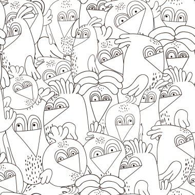 Sevimli kuşlar ile dikişsiz desen. Komik kuşlar ile monokrom siyah beyaz doku. Kumaş, tekstil, web, vb mükemmel bakmak Vektör İllüstrasyonu