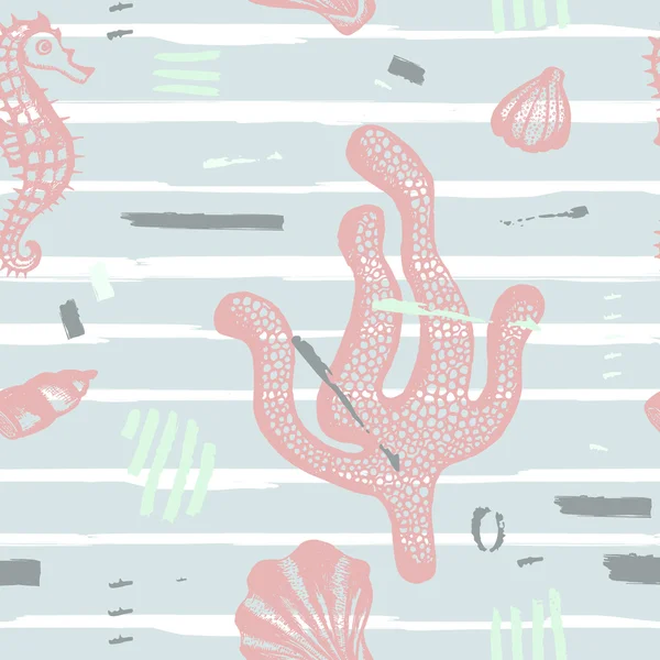 Modèle de mer moderne sans couture. Fond abstrait dessiné à la main avec coups de pinceau. Texture marine avec corail, hippocampe, coquillages. Regardez parfaitement sur le tissu, l'emballage, le textile. Illustration vectorielle — Image vectorielle