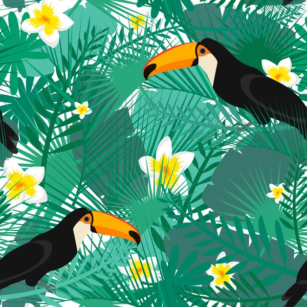 Yeşil palmiye yaprakları, tukan ve tropikal çiçek ile Dikişsiz tropikal desen. Orman dokusu. Duvar kağıtları, desen dolgular, web sayfası arka planlar, yüzey dokular, tekstil için idealdir. Vektör İllüstrasyonu