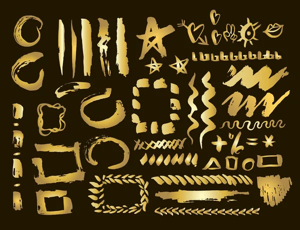 Set di elementi di design in oro. Pennellate e bordi. Set macchia d'oro. Illustrazione vettoriale — Vettoriale Stock