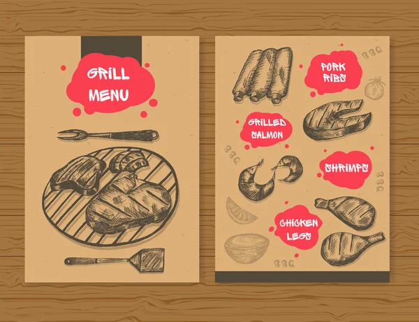 Modelo de menu Grill. Menu de churrasco pronto para restaurante, bar, etc. Desenho à mão produtos à base de carne. Ilustração vetorial —  Vetores de Stock