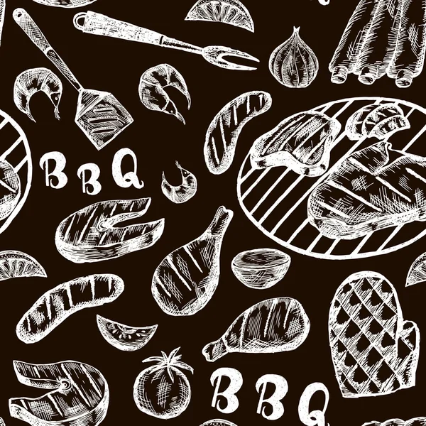 Mönster med grill mat på craft papper. Grill hand dras köttprodukter på svart bakgrund. Grill skiss smidig konsistens. Vektor Illustration — Stock vektor