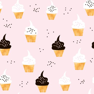 Sevimli cupcakes ile Dikişsiz desen. Cupcake ve el çizilmiş elemanları ile modern yaratıcı arka plan