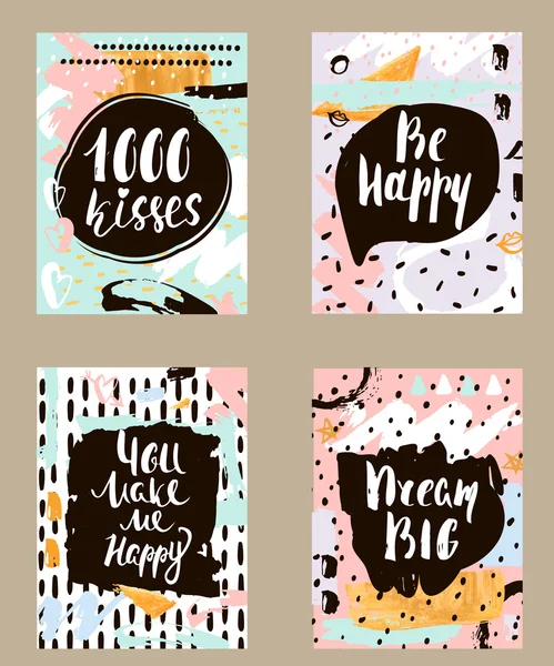 Elle çizilmiş şekildokuları içeren yaratıcı davet kartı seti. Trendy sanat kartı koleksiyonu. Sanat arka planına el yazısıyla yazılmış harfler. Vektör İllüstrasyonu