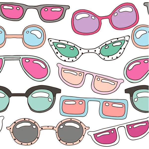 Patrón sin costuras con coloridas gafas de sol dibujadas a mano en pastel. Textura de verano belleza. Perfectamente mirar en tela, tela, textil, etc. Ilustración vectorial — Archivo Imágenes Vectoriales