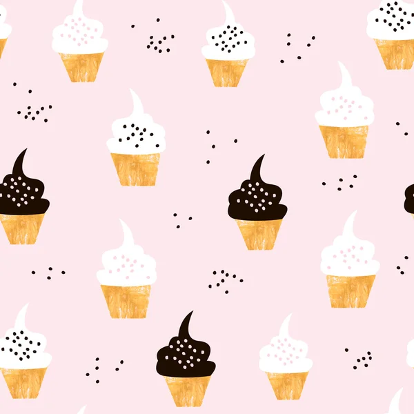 Nahtloses Muster mit niedlichen Cupcakes. moderner kreativer Hintergrund mit Cupcake und handgezeichneten Elementen — Stockvektor