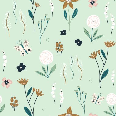 Çiçekler, böğürtlenler ve kelebeklerle kusursuz desen. Yaratıcı dövüş çiçek dokusunu detaylandırdı. Kumaş ve Tekstil Vektörü İllüstrasyonu için harika