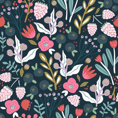 Çiçekli, yaban mersinli, yapraklı, ahududulu kusursuz desen. Yaratıcı dövüş çiçek dokusunu detaylandırdı. Kumaş ve Tekstil Vektörü İllüstrasyonu için harika