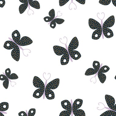 Beyaz üzerinde kelebekler olan kusursuz bir desen. Yaratıcı dövüş çiçek dokusunu detaylandırdı. Kumaş ve Tekstil Vektörü İllüstrasyonu için harika