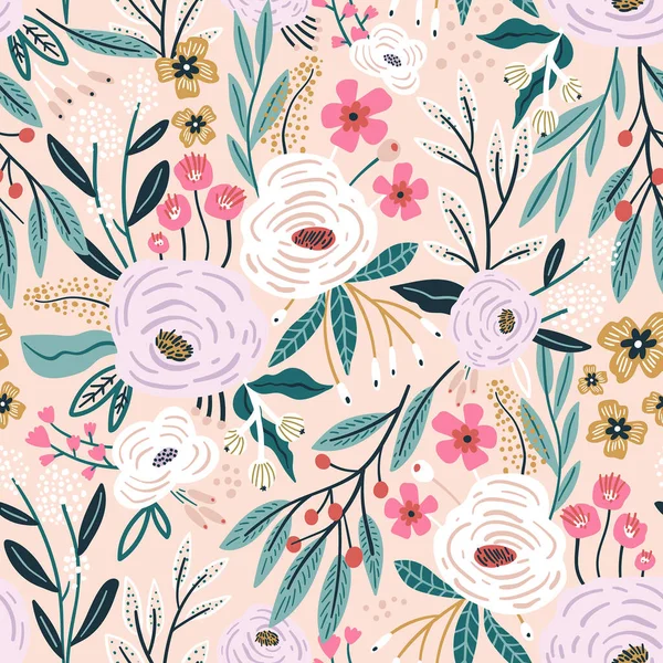 Gül çiçekleri, böğürtlenler ve yapraklarla kusursuz desen. Yaratıcı dövüş çiçek dokusunu detaylandırdı. Kumaş ve Tekstil Vektörü İllüstrasyonu için harika