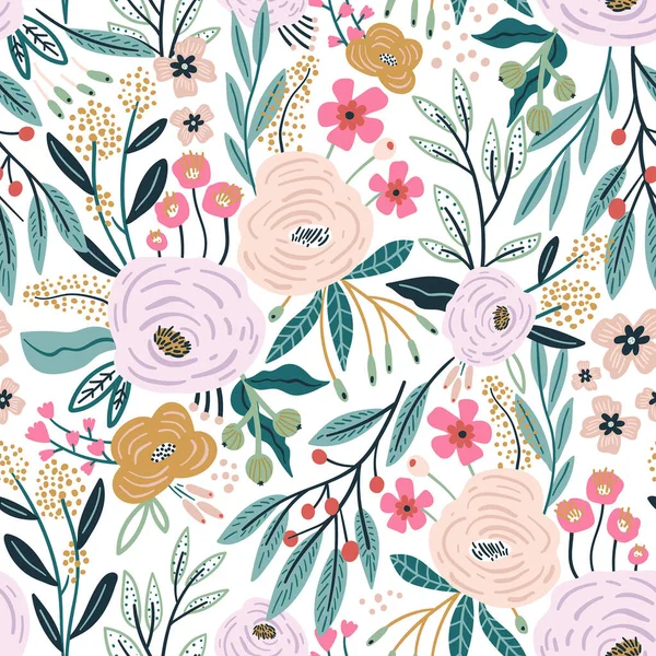Gül çiçekleri, böğürtlenler ve yapraklarla kusursuz desen. Yaratıcı dövüş çiçek dokusunu detaylandırdı. Kumaş ve Tekstil Vektörü İllüstrasyonu için harika