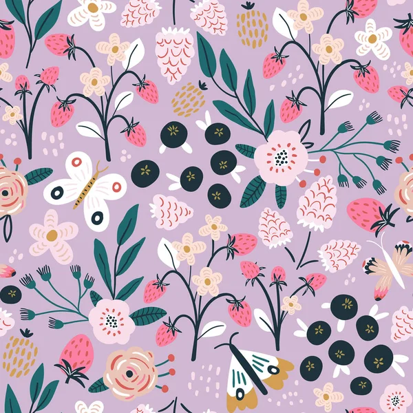 Çiçekli, yaban mersinli ve yapraklı, ahududulu, kelebekli kusursuz desen. Yaratıcı dövüş çiçek dokusunu detaylandırdı. Kumaş ve Tekstil Vektörü İllüstrasyonu için harika